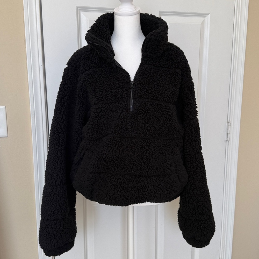 Large Black Fleece Sherpa Pullover Jacket Half Zip Teddy Sage Womens